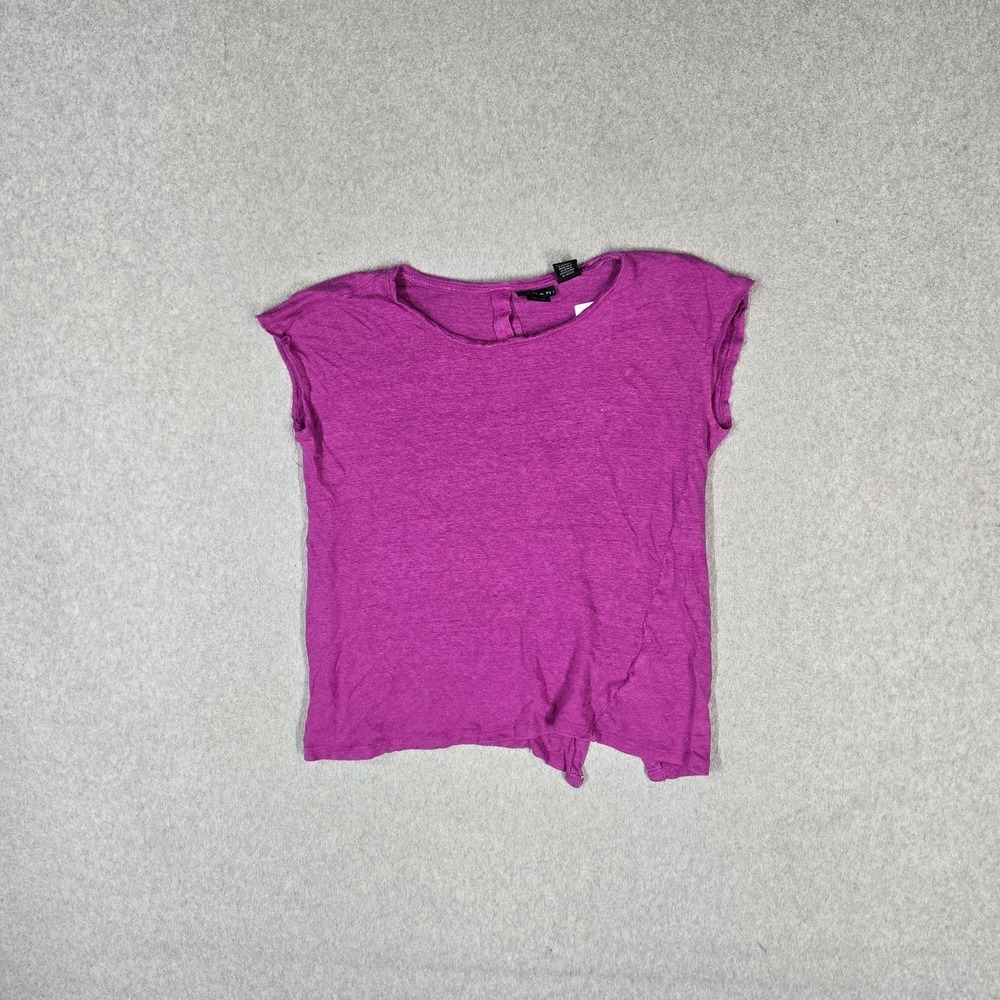 Tahari Women Blouse S Purple 100% Linen Button Back Short Sleeve Pullover Casual